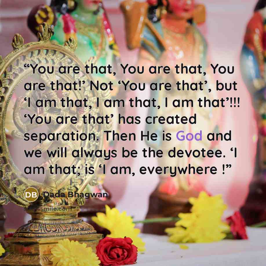 “You are that, You are that, You are that!’ Not ‘You are that’, but ‘I am that, I am that, I am that’!!! ‘You are that’ has created separation. Then He is God and we will always be the devotee. ‘I am that; is ‘I am, everywhere !” quote by Dada Bhagwan