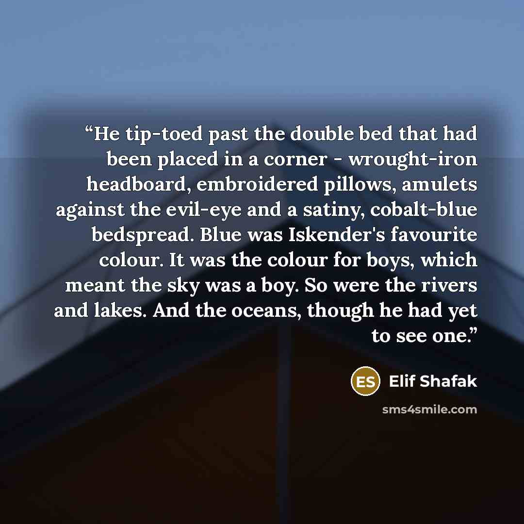 “He tip-toed past the double bed that had been placed in a corner - wrought-iron headboard, embroidered pillows, amulets against the evil-eye and a satiny, cobalt-blue bedspread. Blue was Iskender's favourite colour. It was the colour for boys, which meant the sky was a boy. So were the rivers and…” quote by Elif Shafak