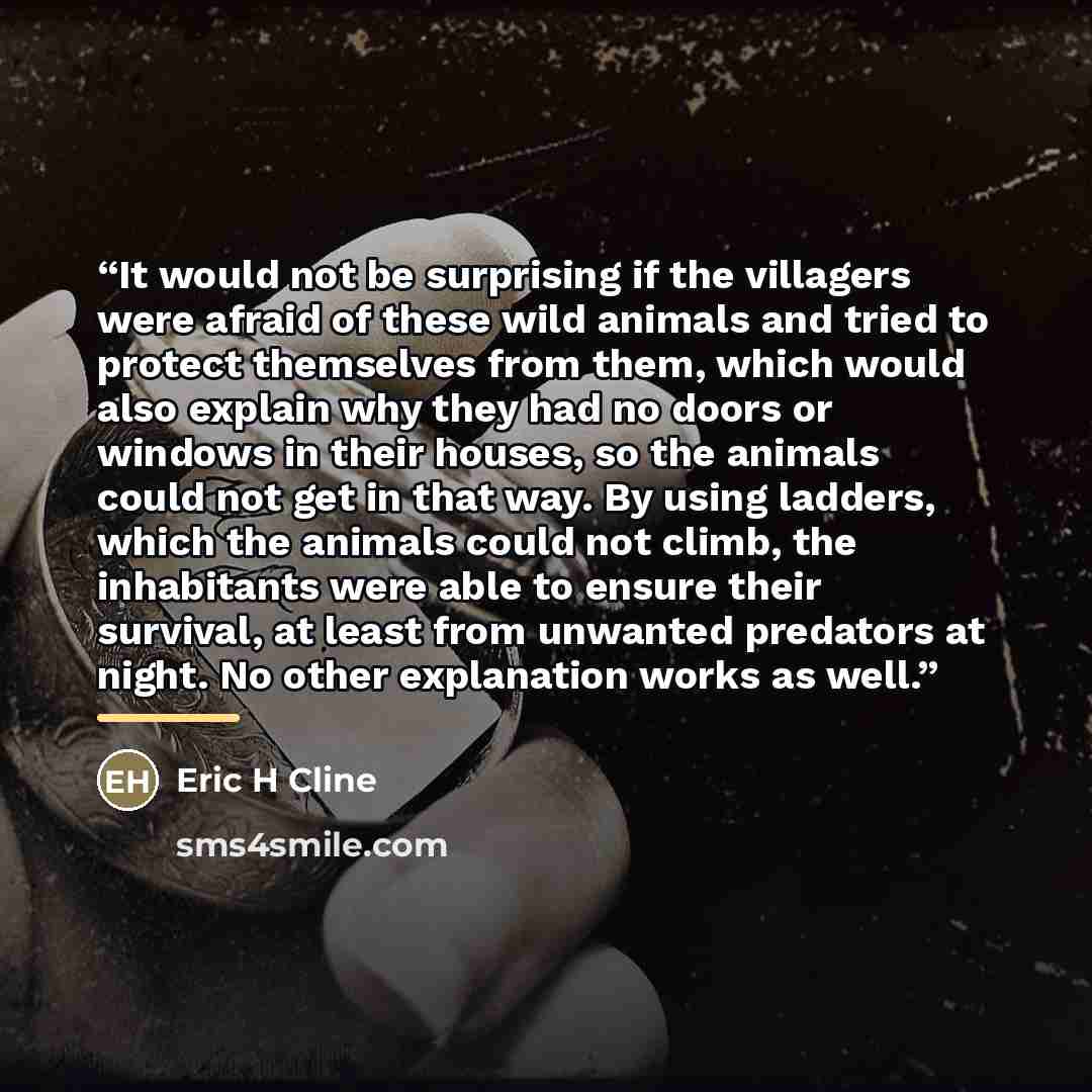 “It would not be surprising if the villagers were afraid of these wild animals and tried to protect themselves from them, which would also explain why they had no doors or windows in their houses, so the animals could not get in that way. By using ladders, which the animals could not climb, the…” quote by Eric H Cline