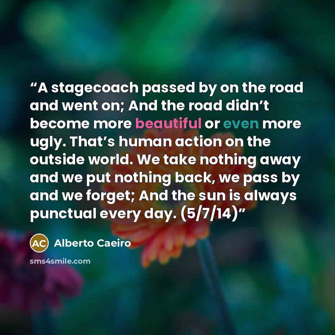 “A stagecoach passed by on the road and went on; And the road didn’t become more beautiful or even more ugly. That’s human action on the outside world. We take nothing away and we put nothing back, we pass by and we forget; And the sun is always punctual every day. (5/7/14)” quote by Alberto Caeiro