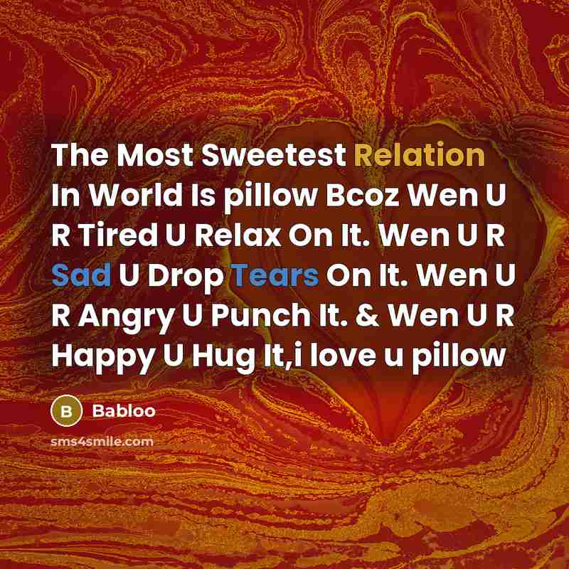“The Most Sweetest Relation In World Is pillow Bcoz Wen U R Tired U Relax On It. Wen U R Sad U Drop Tears On It. Wen U R Angry U Punch It. & Wen U R Happy U Hug It,i love u pillow” quote by Babloo