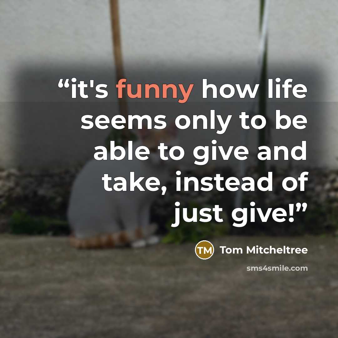 “it's funny how life seems only to be able to give and take, instead of just give!” quote by Tom Mitcheltree