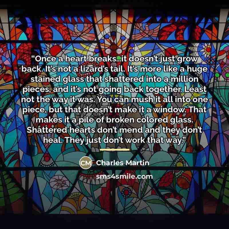 “Once a heart breaks…it doesn’t just grow back. It’s not a lizard’s tail. It’s more like a huge stained glass that shattered into a million pieces, and it’s not going back together. Least not the way it was. You can mush it all into one piece, but that doesn’t make it a window. That makes it a pile…” quote by Charles Martin