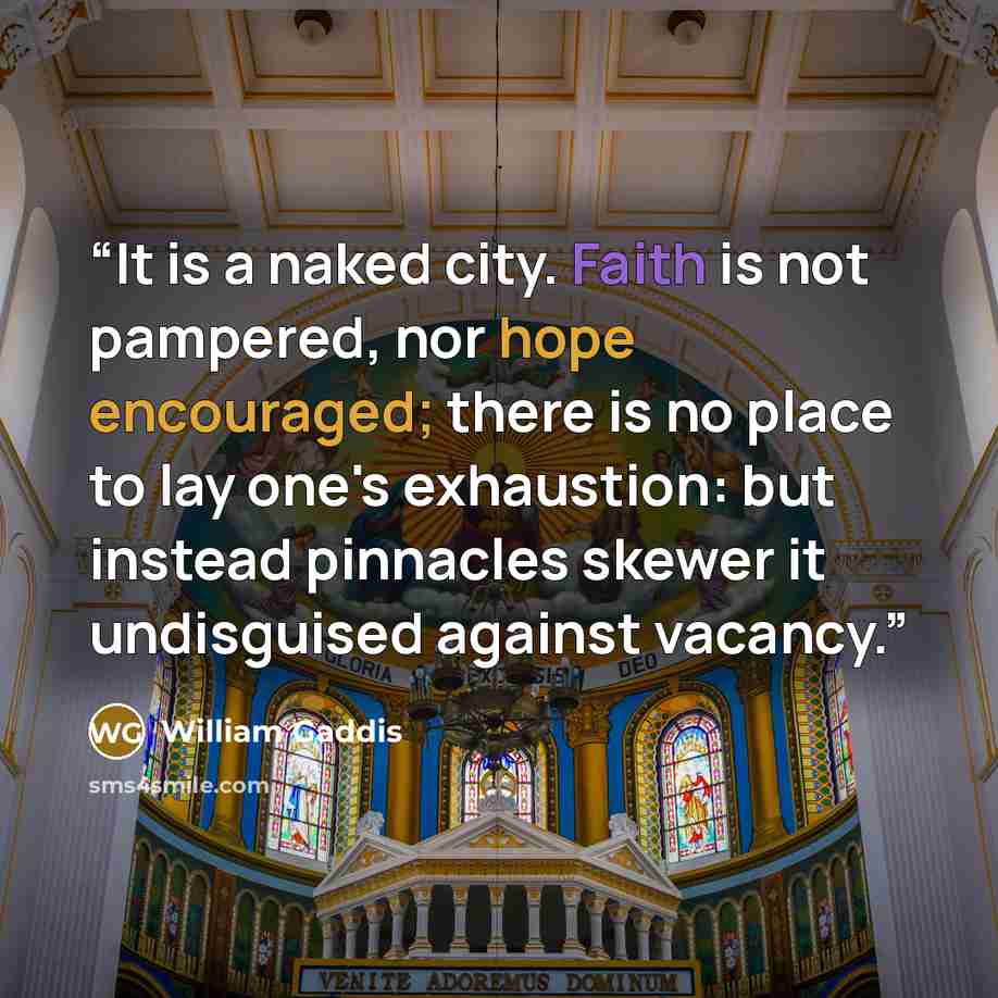 “It is a naked city. Faith is not pampered, nor hope encouraged; there is no place to lay one's exhaustion: but instead pinnacles skewer it undisguised against vacancy.” quote by William Gaddis