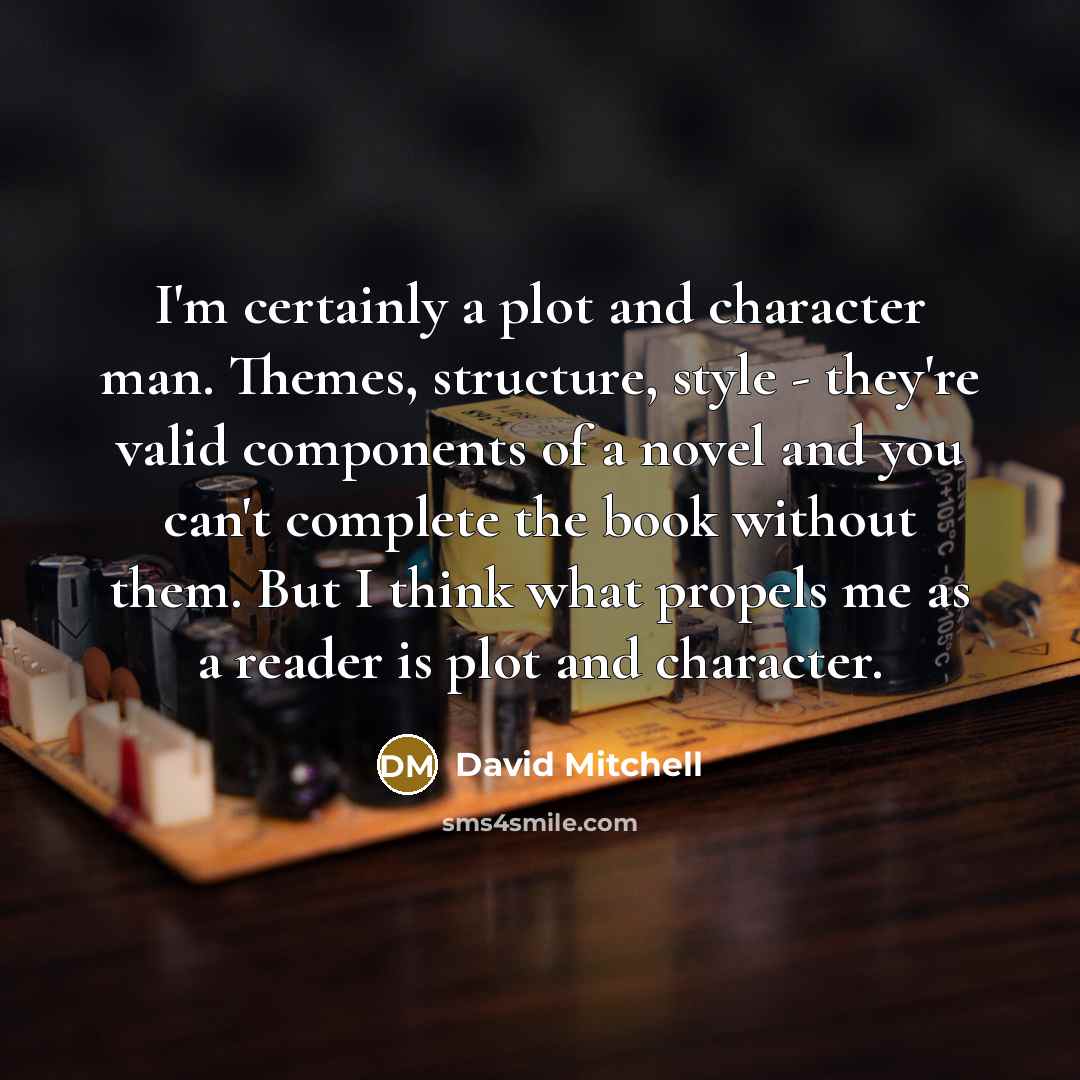 “I'm certainly a plot and character man. Themes, structure, style - they're valid components of a novel and you can't complete the book without them. But I think what propels me as a reader is plot and character.” quote by David Mitchell