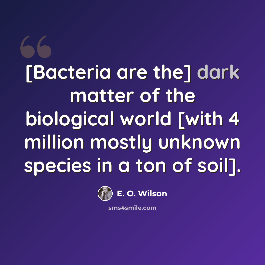 “[Bacteria are the] dark matter of the biological world [with 4 million mostly unknown species in a ton of soil].” quote by E. O. Wilson