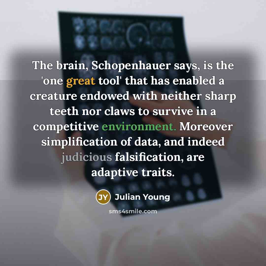 “The brain, Schopenhauer says, is the 'one great tool' that has enabled a creature endowed with neither sharp teeth nor claws to survive in a competitive environment. Moreover simplification of data, and indeed judicious falsification, are adaptive traits.” quote by Julian Young
