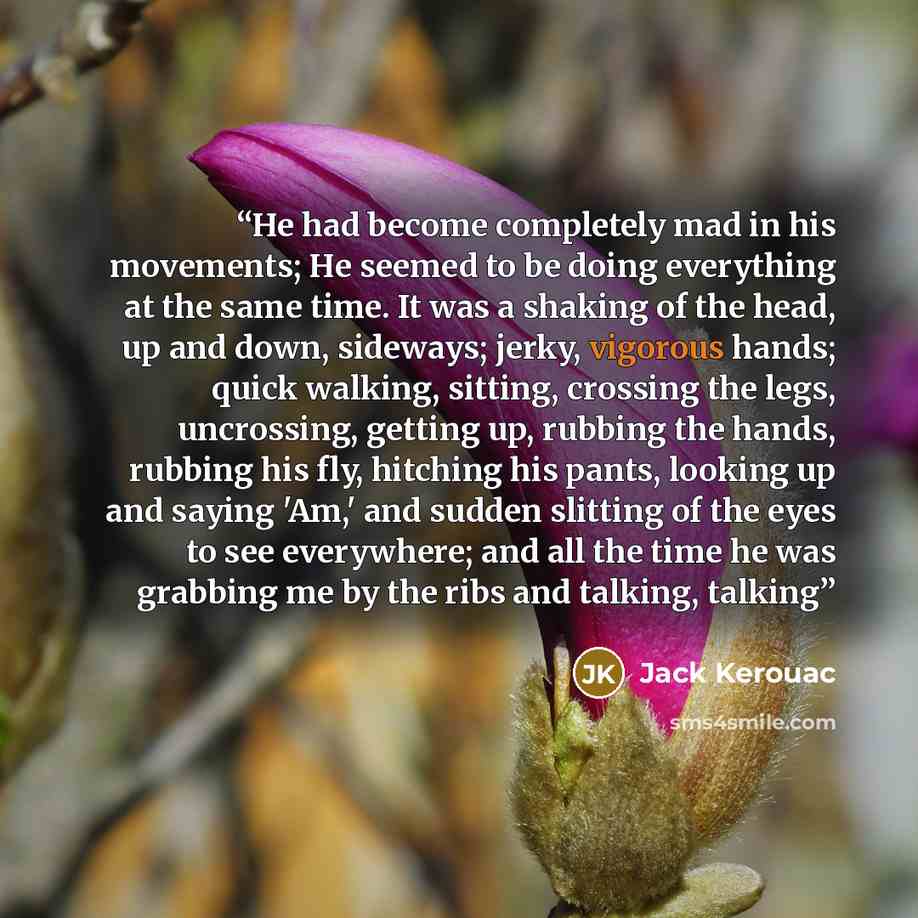 “He had become completely mad in his movements; He seemed to be doing everything at the same time. It was a shaking of the head, up and down, sideways; jerky, vigorous hands; quick walking, sitting, crossing the legs, uncrossing, getting up, rubbing the hands, rubbing his fly, hitching his pants…” quote by Jack Kerouac