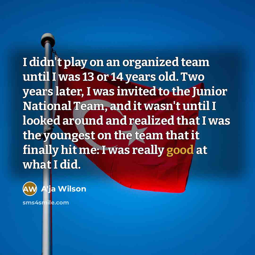 “I didn't play on an organized team until I was 13 or 14 years old. Two years later, I was invited to the Junior National Team, and it wasn't until I looked around and realized that I was the youngest on the team that it finally hit me: I was really good at what I did.” quote by A'ja Wilson