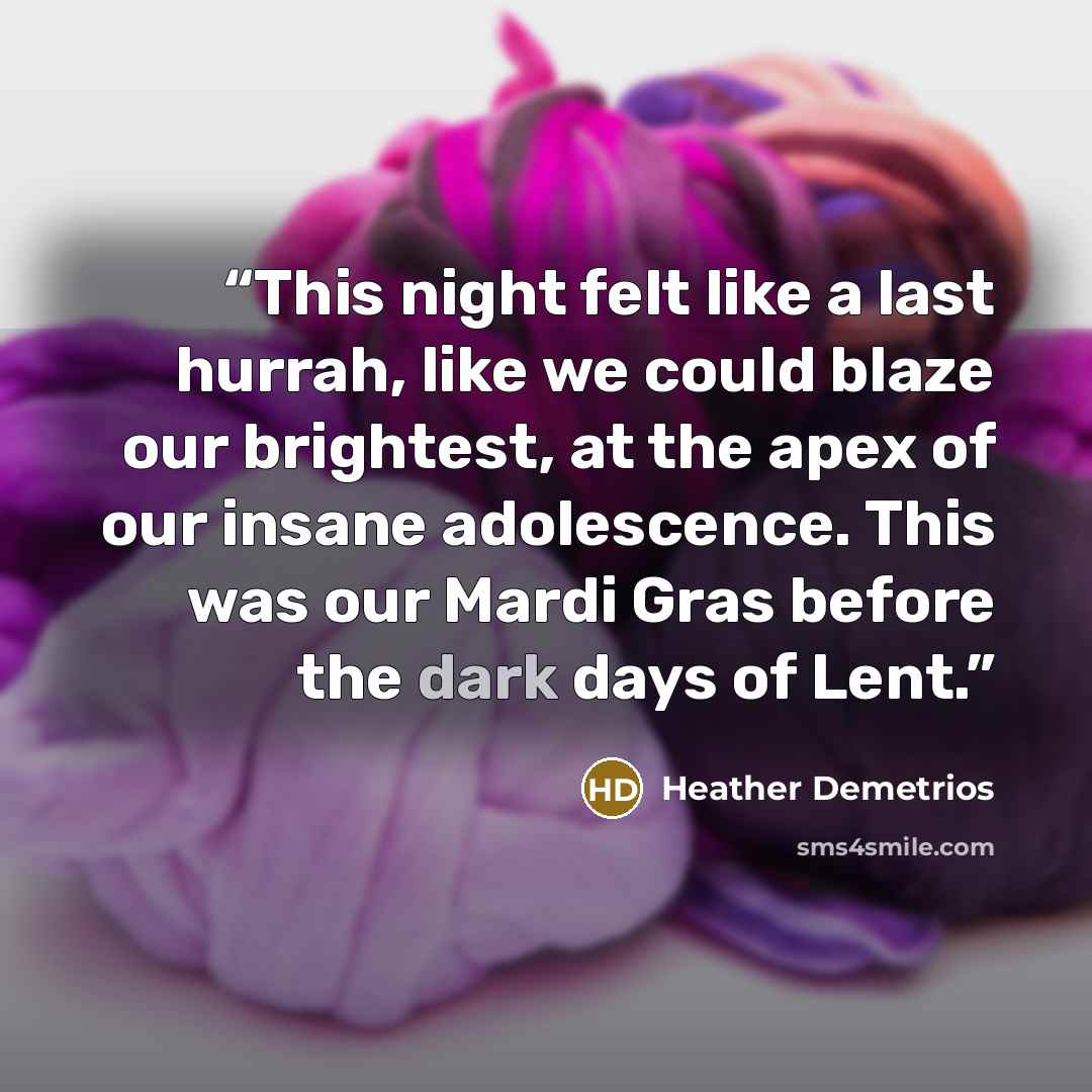 “This night felt like a last hurrah, like we could blaze our brightest, at the apex of our insane adolescence. This was our Mardi Gras before the dark days of Lent.” quote by Heather Demetrios