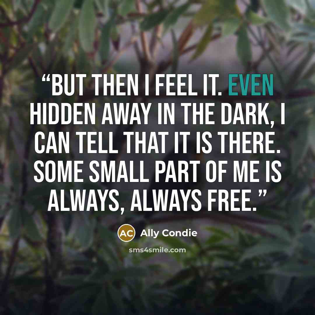 “But then I feel it. Even hidden away in the dark, I can tell that it is there. Some small part of me is always, always free.” quote by Ally Condie