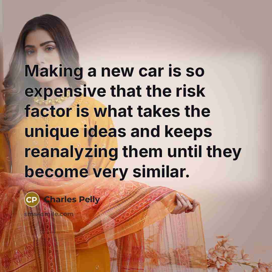 “Making a new car is so expensive that the risk factor is what takes the unique ideas and keeps reanalyzing them until they become very similar.” quote by Charles Pelly