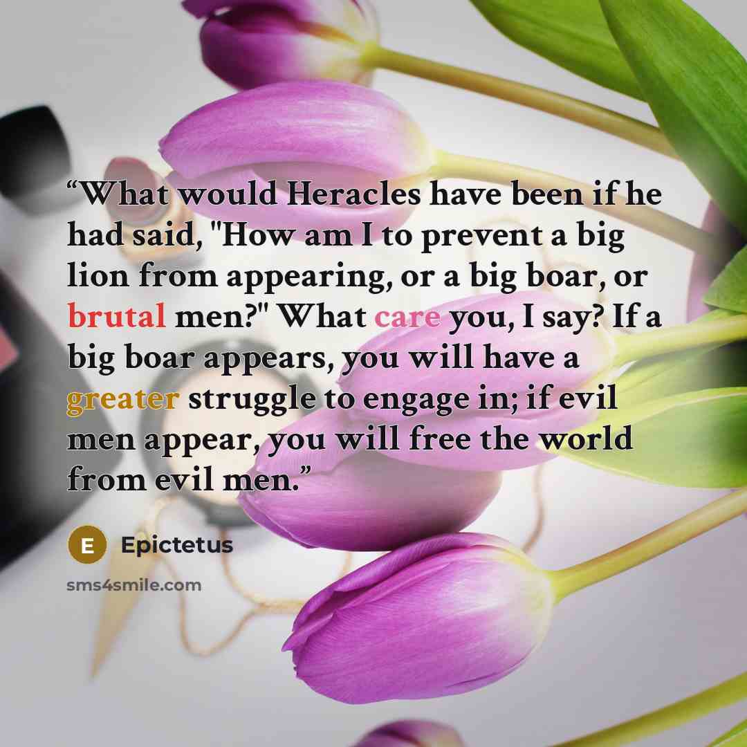 “What would Heracles have been if he had said, "How am I to prevent a big lion from appearing, or a big boar, or brutal men?" What care you, I say? If a big boar appears, you will have a greater struggle to engage in; if evil men appear, you will free the world from evil men.” quote by Epictetus