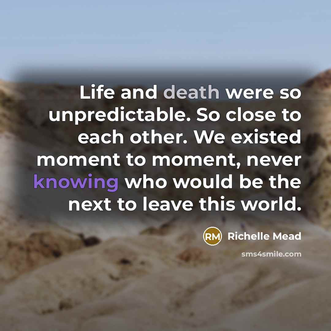 “Life and death were so unpredictable. So close to each other. We existed moment to moment, never knowing who would be the next to leave this world.” quote by Richelle Mead