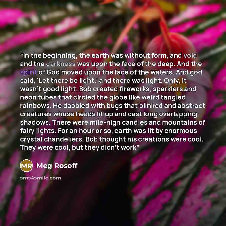 “In the beginning, the earth was without form, and void and the darkness was upon the face of the deep. And the spirit of God moved upon the face of the waters. And god said, 'Let there be light.' and there was light. Only, it wasn't good light. Bob created fireworks, sparklers and neon tubes that…” quote by Meg Rosoff