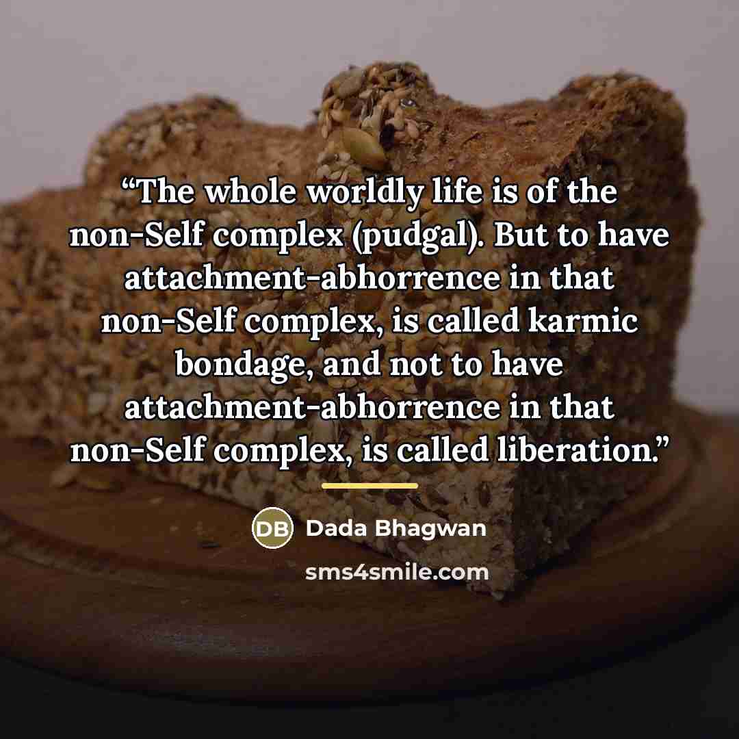 “The whole worldly life is of the non-Self complex (pudgal). But to have attachment-abhorrence in that non-Self complex, is called karmic bondage, and not to have attachment-abhorrence in that non-Self complex, is called liberation.” quote by Dada Bhagwan