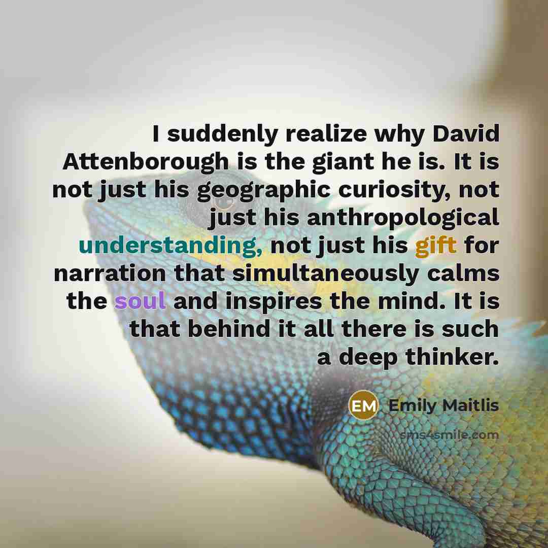 “I suddenly realize why David Attenborough is the giant he is. It is not just his geographic curiosity, not just his anthropological understanding, not just his gift for narration that simultaneously calms the soul and inspires the mind. It is that behind it all there is such a deep thinker.” quote by Emily Maitlis