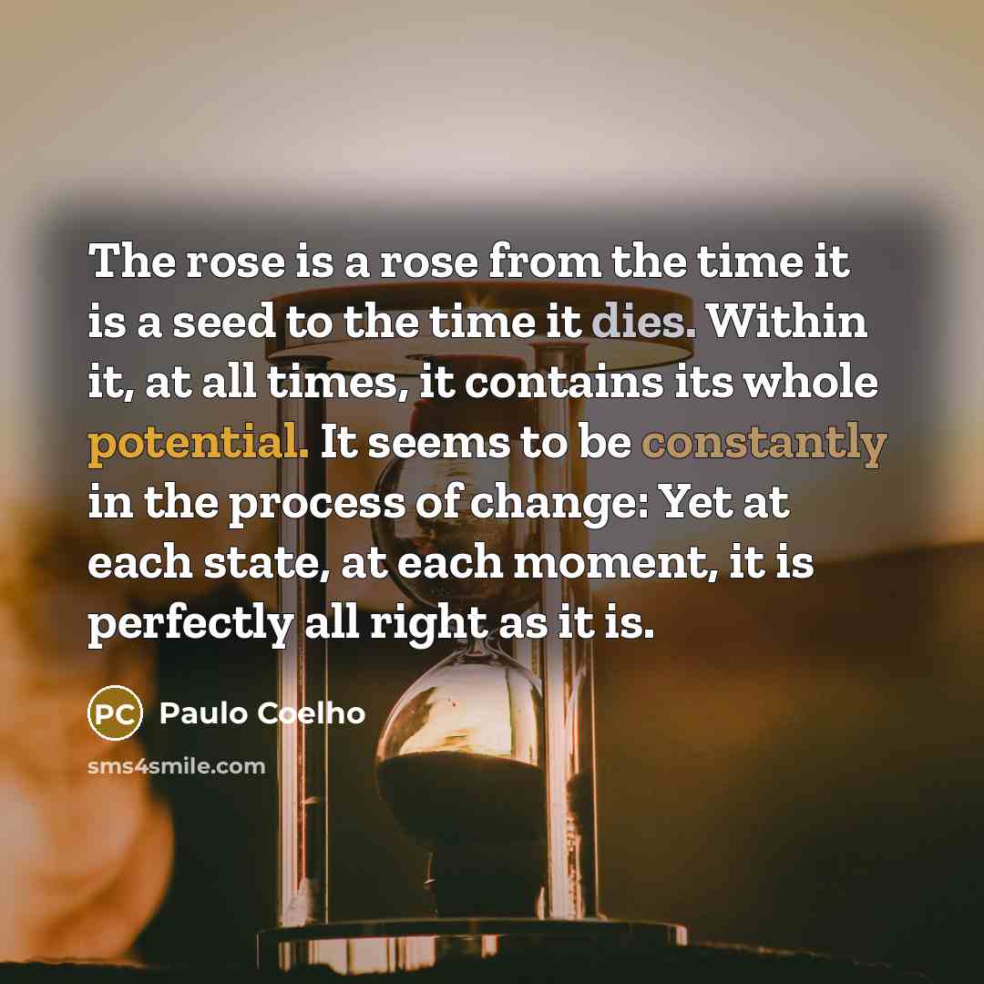 “The rose is a rose from the time it is a seed to the time it dies. Within it, at all times, it contains its whole potential. It seems to be constantly in the process of change: Yet at each state, at each moment, it is perfectly all right as it is.” quote by Paulo Coelho