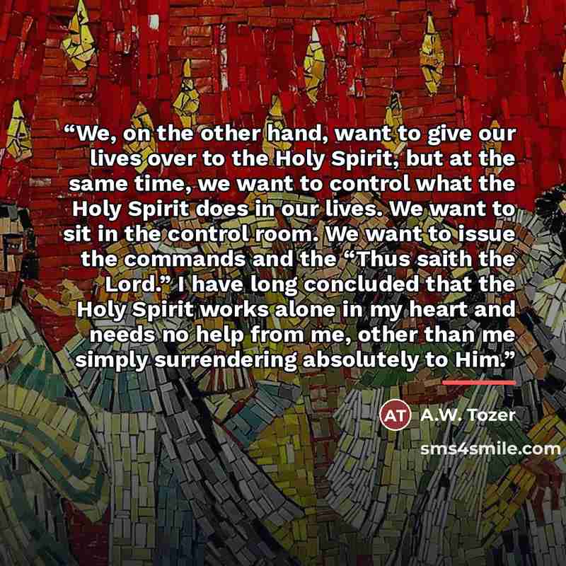 “We, on the other hand, want to give our lives over to the Holy Spirit, but at the same time, we want to control what the Holy Spirit does in our lives. We want to sit in the control room. We want to issue the commands and the “Thus saith the Lord.” I have long concluded that the Holy Spirit works…” quote by A.W. Tozer