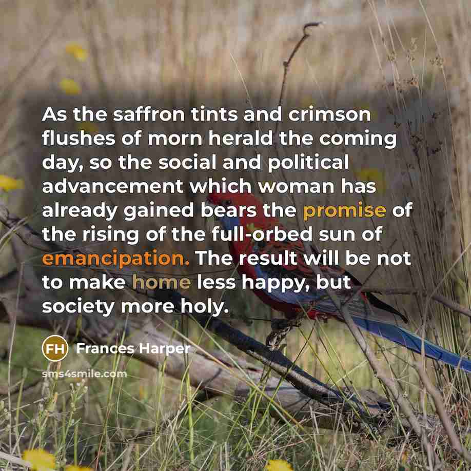 “As the saffron tints and crimson flushes of morn herald the coming day, so the social and political advancement which woman has already gained bears the promise of the rising of the full-orbed sun of emancipation. The result will be not to make home less happy, but society more holy.” quote by Frances Harper