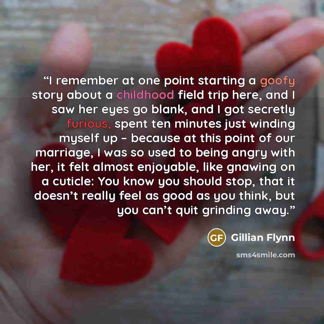“I remember at one point starting a goofy story about a childhood field trip here, and I saw her eyes go blank, and I got secretly furious, spent ten minutes just winding myself up – because at this point of our marriage, I was so used to being angry with her, it felt almost enjoyable, like gnawing…” quote by Gillian Flynn