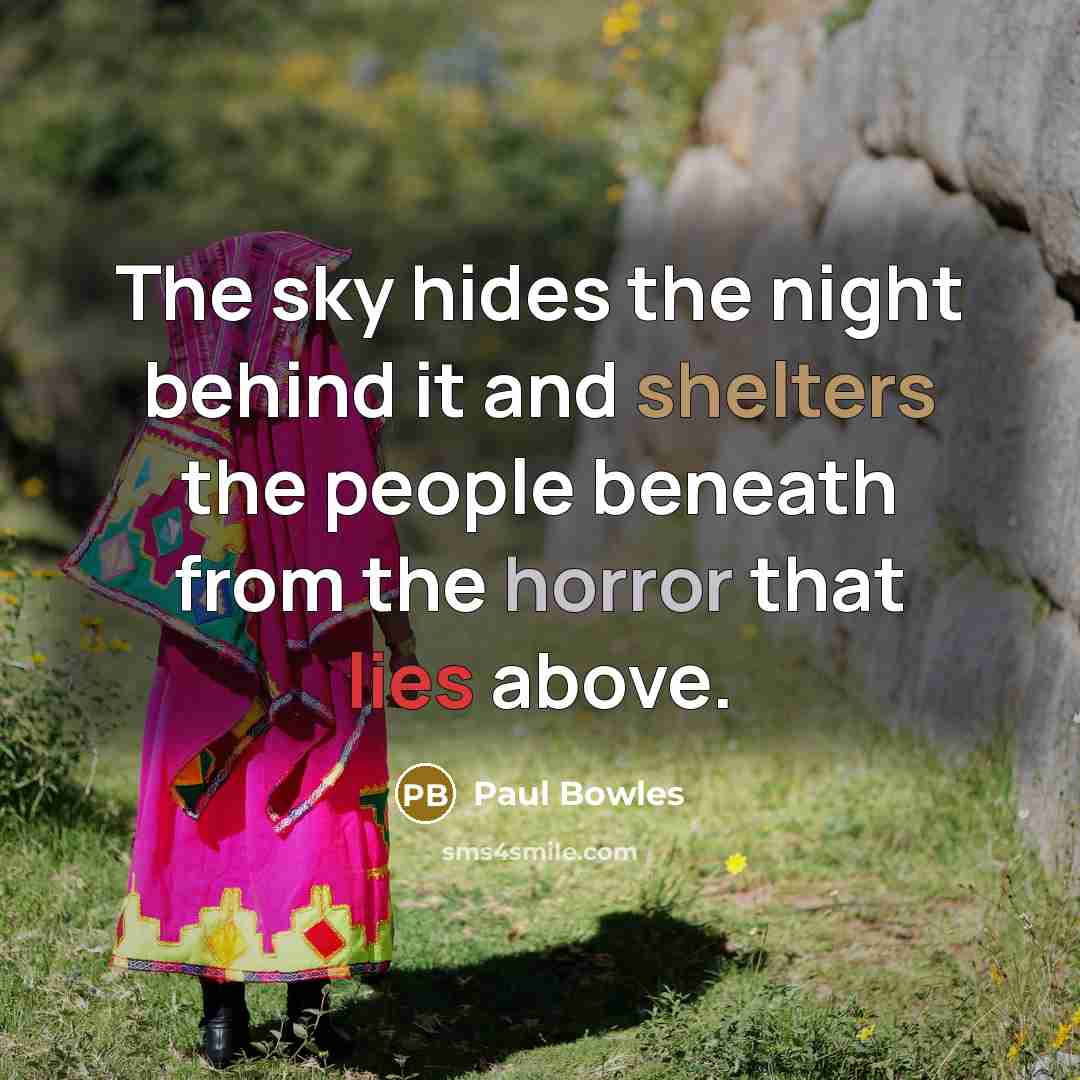 “The sky hides the night behind it and shelters the people beneath from the horror that lies above.” quote by Paul Bowles