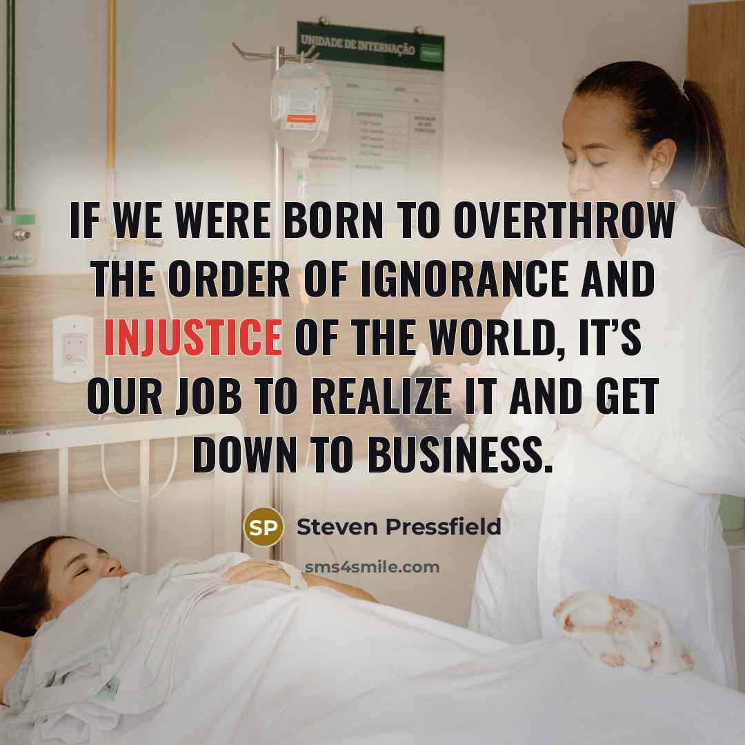 “If we were born to overthrow the order of ignorance and injustice of the world, it’s our job to realize it and get down to business.” quote by Steven Pressfield
