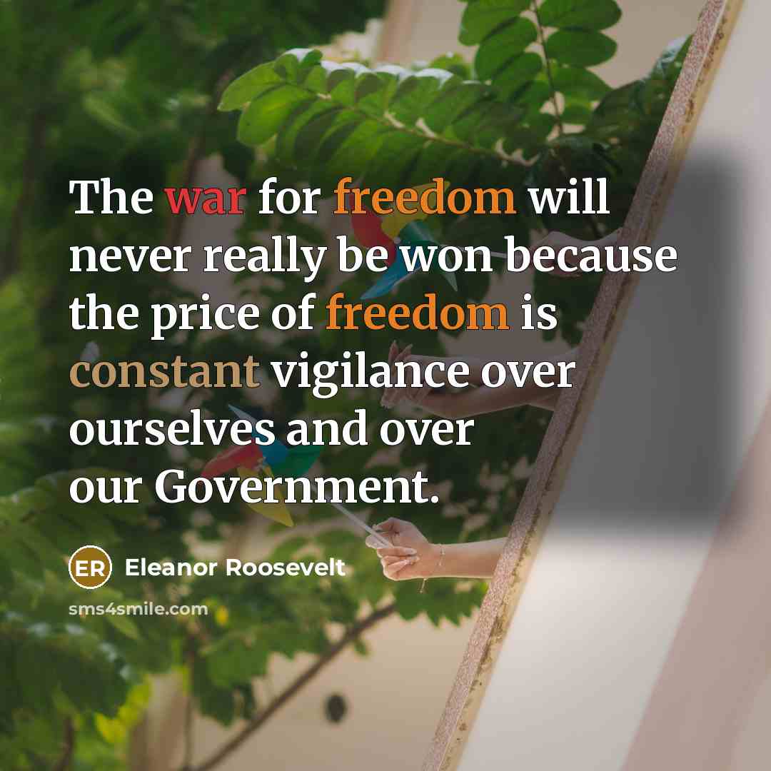 “The war for freedom will never really be won because the price of freedom is constant vigilance over ourselves and over our Government.” quote by Eleanor Roosevelt