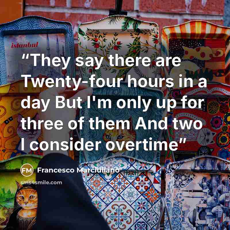 “They say there are Twenty-four hours in a day But I'm only up for three of them And two I consider overtime” quote by Francesco Marciuliano