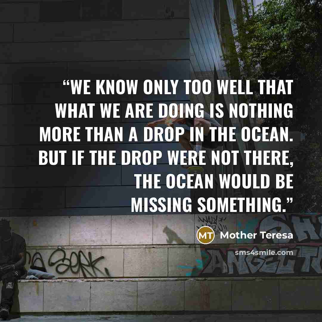 “We know only too well that what we are doing is nothing more than a drop in the ocean. But if the drop were not there, the ocean would be missing something.” quote by Mother Teresa