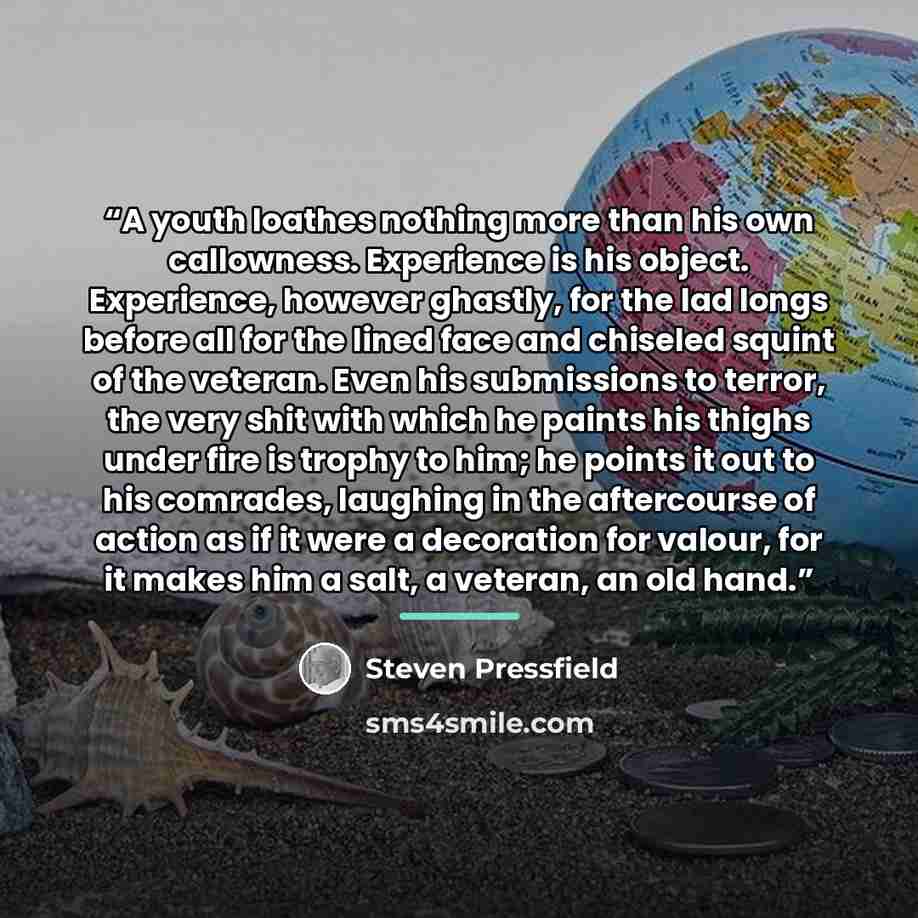 “A youth loathes nothing more than his own callowness. Experience is his object. Experience, however ghastly, for the lad longs before all for the lined face and chiseled squint of the veteran. Even his submissions to terror, the very shit with which he paints his thighs under fire is trophy to…” quote by Steven Pressfield