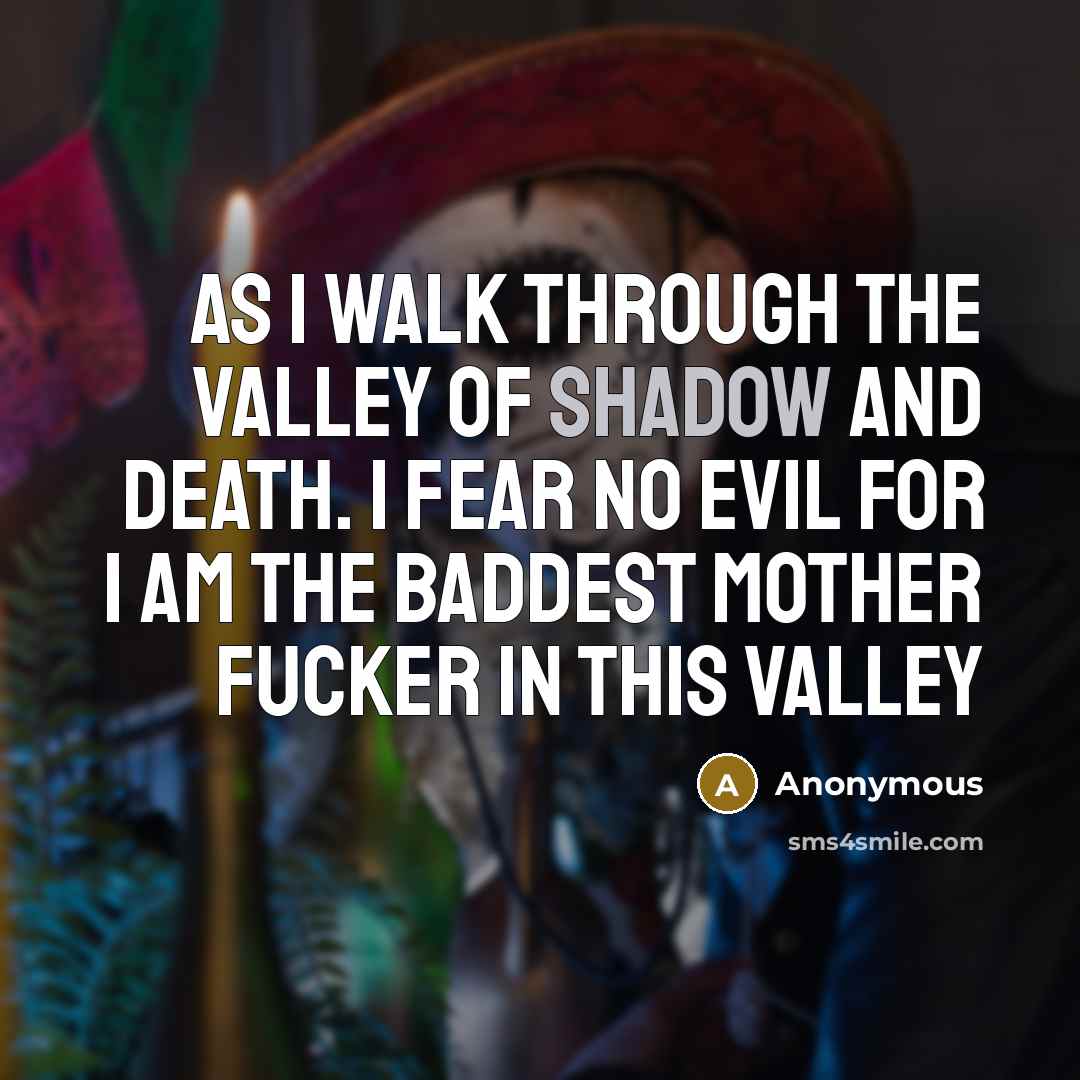 “As I walk through the valley of shadow and death. I fear no evil for I am the baddest mother fucker in this valley” quote by Anonymous