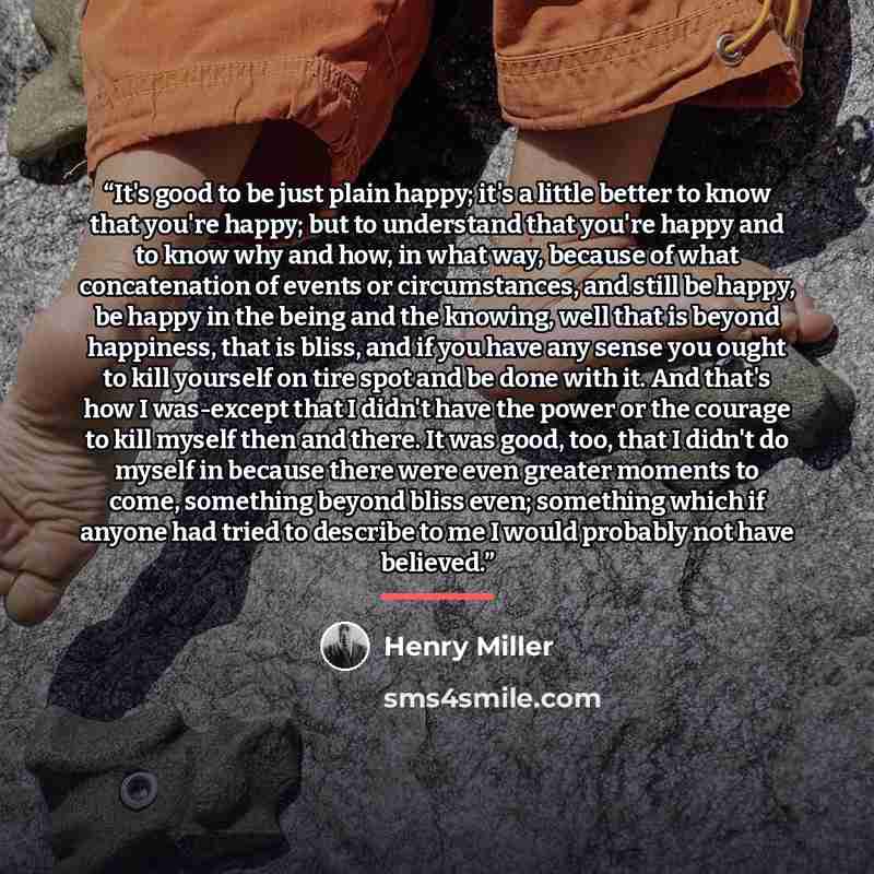“It's good to be just plain happy; it's a little better to know that you're happy; but to understand that you're happy and to know why and how, in what way, because of what concatenation of events or circumstances, and still be happy, be happy in the being and the knowing, well that is beyond…” quote by Henry Miller