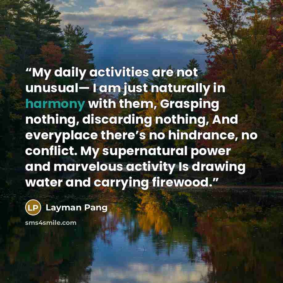 “My daily activities are not unusual— I am just naturally in harmony with them, Grasping nothing, discarding nothing, And everyplace there’s no hindrance, no conflict. My supernatural power and marvelous activity Is drawing water and carrying firewood.” quote by Layman Pang