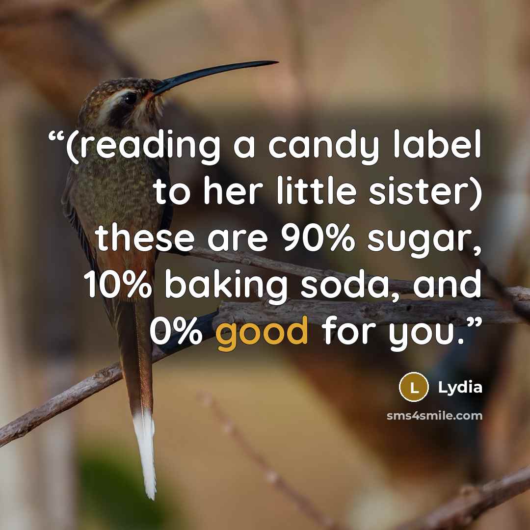 “(reading a candy label to her little sister) these are 90% sugar, 10% baking soda, and 0% good for you.” quote by Lydia