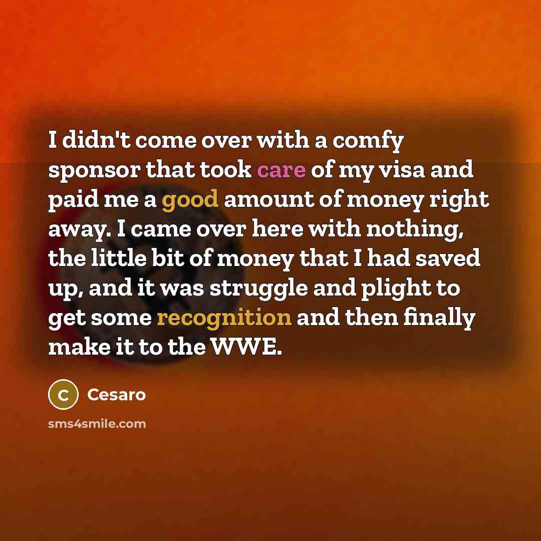 “I didn't come over with a comfy sponsor that took care of my visa and paid me a good amount of money right away. I came over here with nothing, the little bit of money that I had saved up, and it was struggle and plight to get some recognition and then finally make it to the WWE.” quote by Cesaro