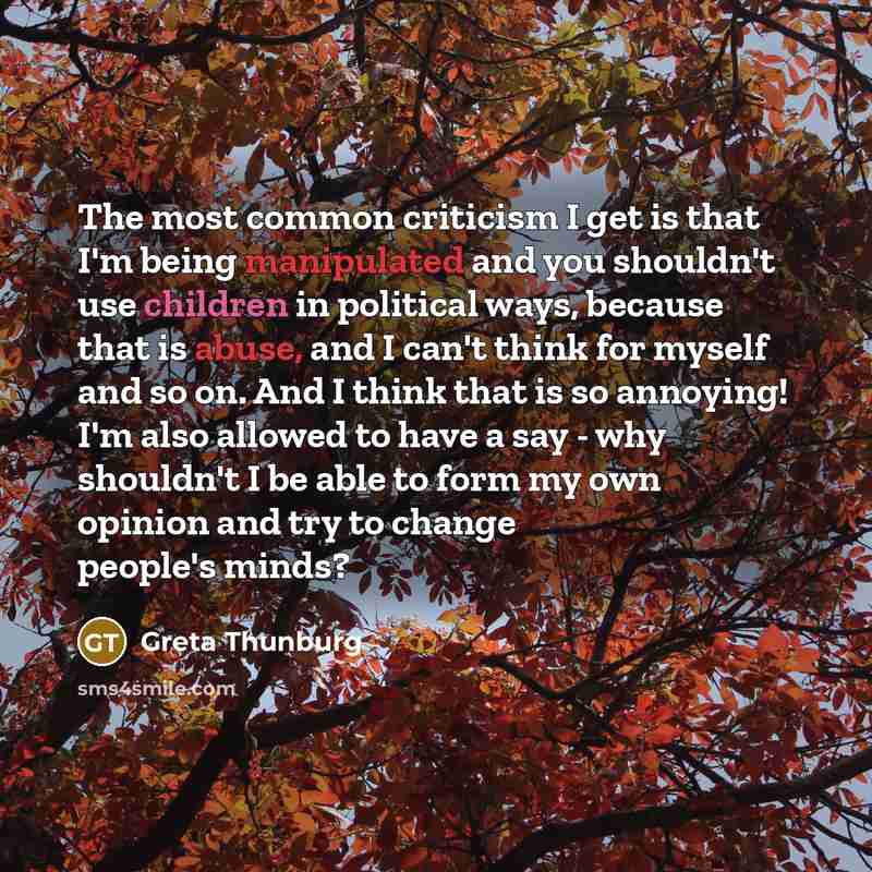 “The most common criticism I get is that I'm being manipulated and you shouldn't use children in political ways, because that is abuse, and I can't think for myself and so on. And I think that is so annoying! I'm also allowed to have a say - why shouldn't I be able to form my own opinion and try to…” quote by Greta Thunburg