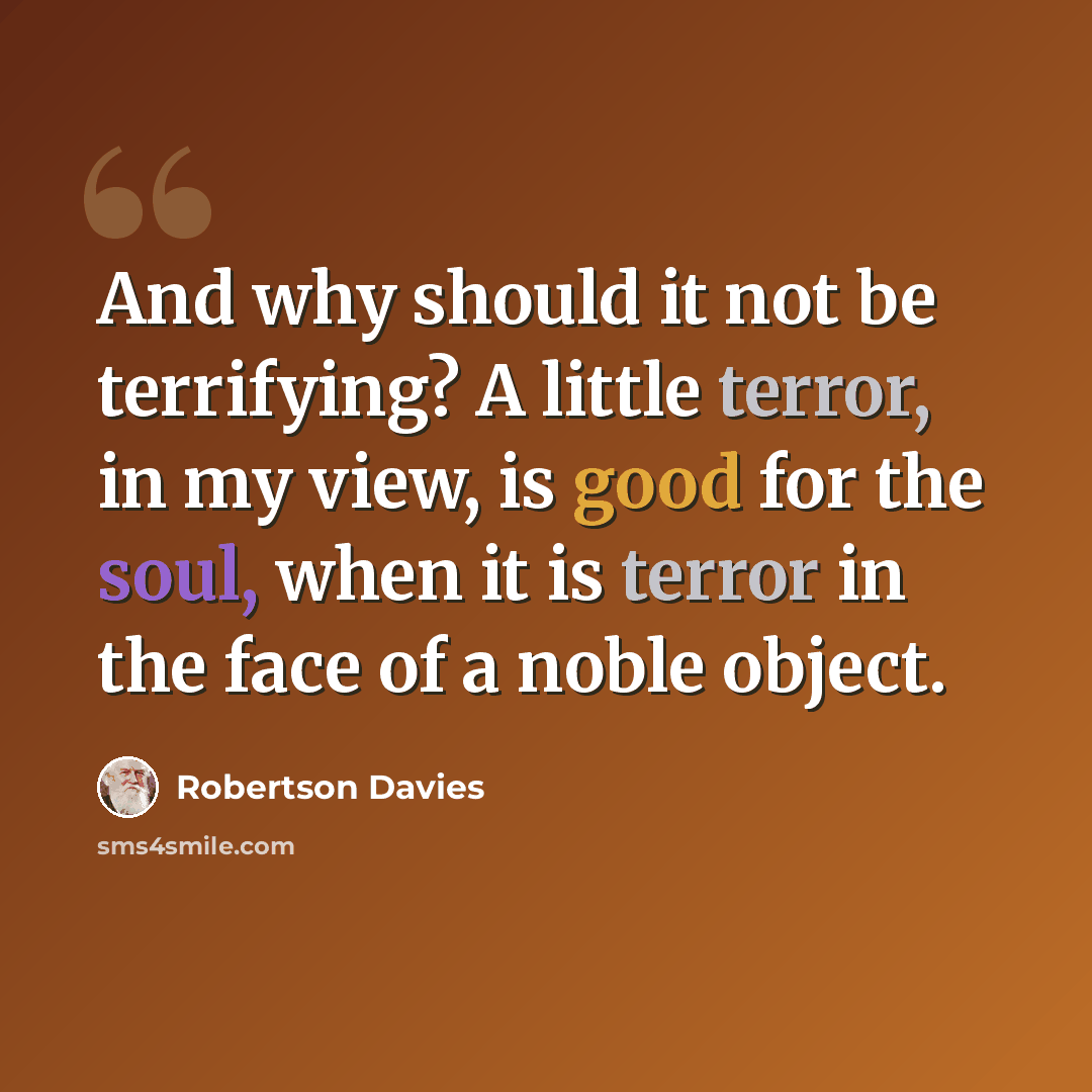 “And why should it not be terrifying? A little terror, in my view, is good for the soul, when it is terror in the face of a noble object.” quote by Robertson Davies