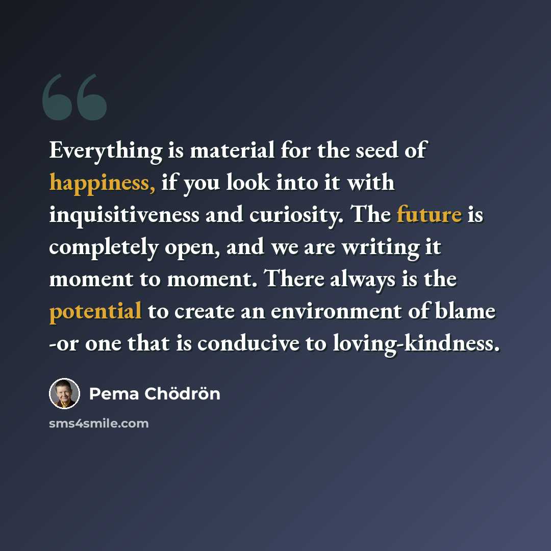 “Everything is material for the seed of happiness, if you look into it with inquisitiveness and curiosity. The future is completely open, and we are writing it moment to moment. There always is the potential to create an environment of blame -or one that is conducive to loving-kindness.” quote by Pema Chodron