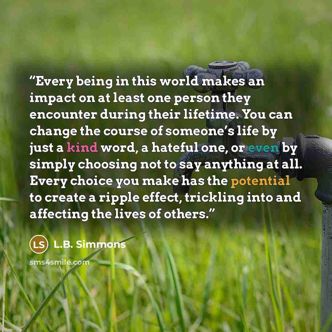 “Every being in this world makes an impact on at least one person they encounter during their lifetime. You can change the course of someone’s life by just a kind word, a hateful one, or even by simply choosing not to say anything at all. Every choice you make has the potential to create a ripple…” quote by L.B. Simmons