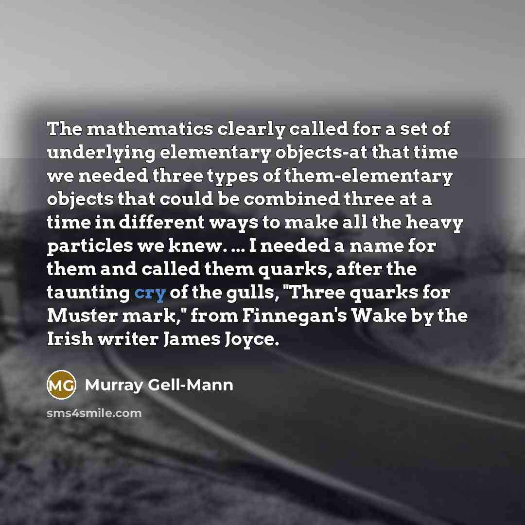 “The mathematics clearly called for a set of underlying elementary objects-at that time we needed three types of them-elementary objects that could be combined three at a time in different ways to make all the heavy particles we knew. ... I needed a name for them and called them quarks, after the…” quote by Murray Gell-Mann
