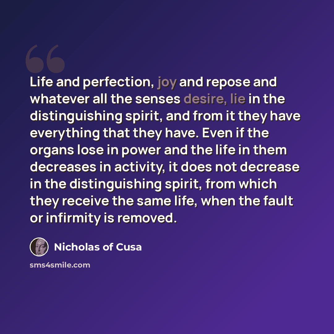 “Life and perfection, joy and repose and whatever all the senses desire, lie in the distinguishing spirit, and from it they have everything that they have. Even if the organs lose in power and the life in them decreases in activity, it does not decrease in the distinguishing spirit, from which they…” quote by Nicholas of Cusa