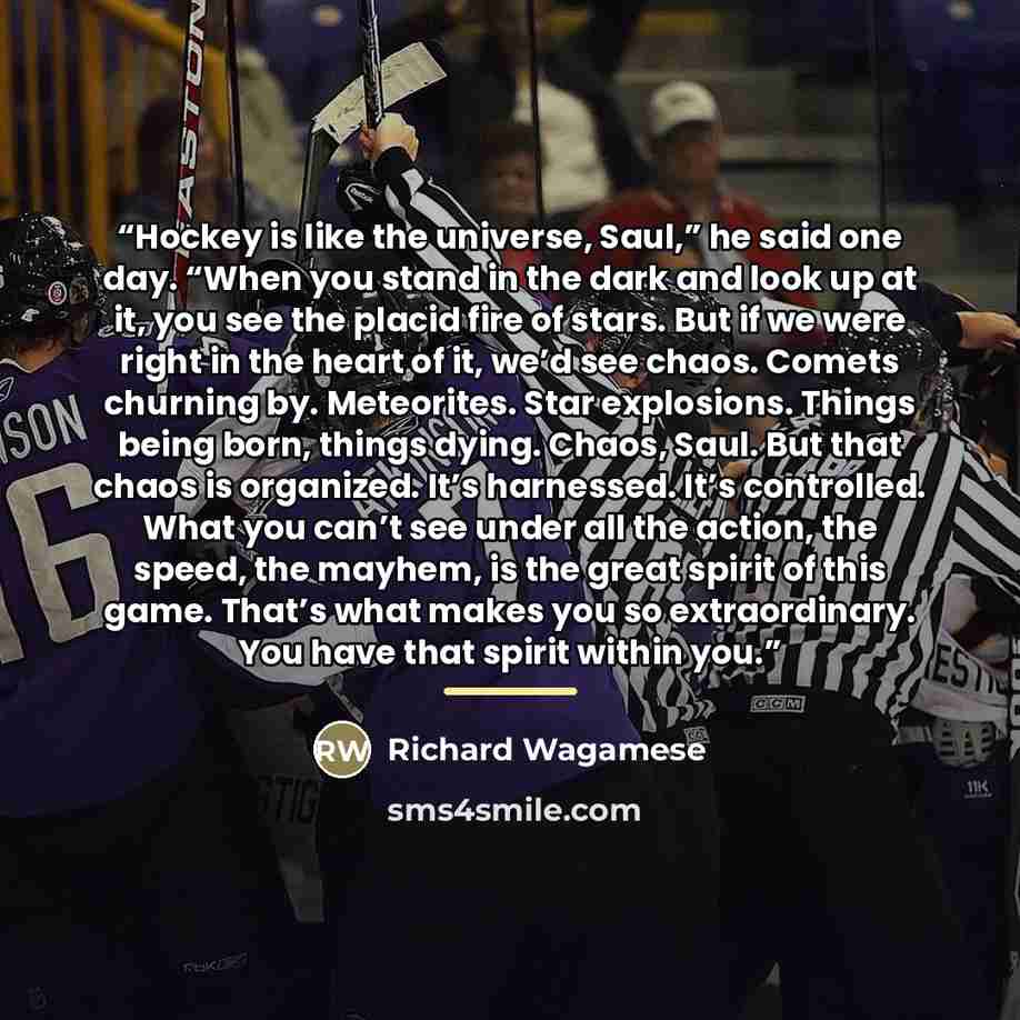 “Hockey is like the universe, Saul,” he said one day. “When you stand in the dark and look up at it, you see the placid fire of stars. But if we were right in the heart of it, we’d see chaos. Comets churning by. Meteorites. Star explosions. Things being born, things dying. Chaos, Saul. But that…” quote by Richard Wagamese