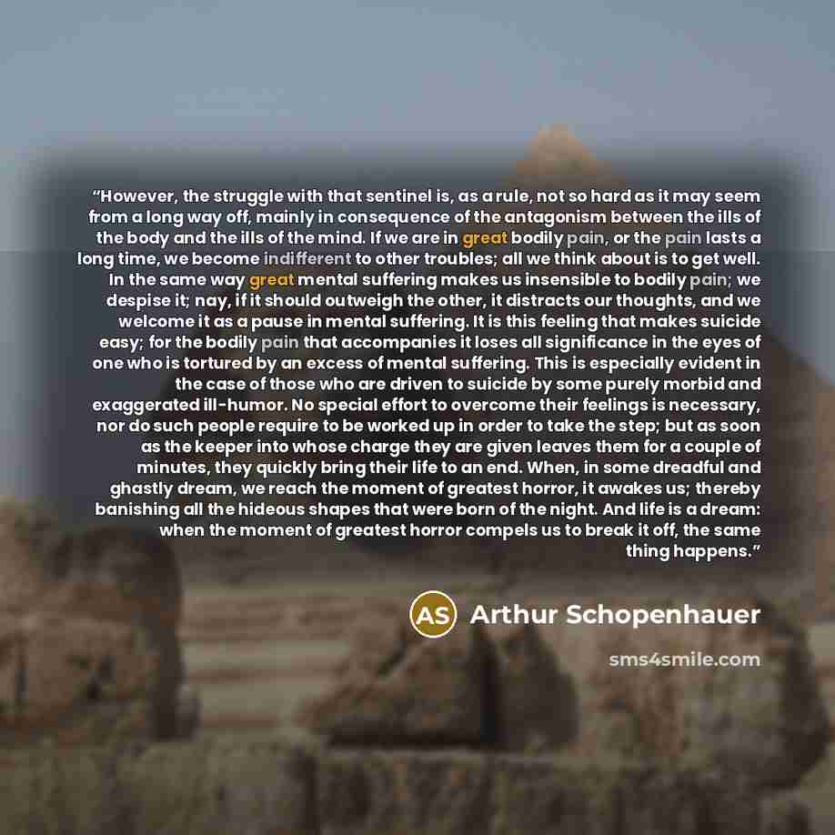 “However, the struggle with that sentinel is, as a rule, not so hard as it may seem from a long way off, mainly in consequence of the antagonism between the ills of the body and the ills of the mind. If we are in great bodily pain, or the pain lasts a long time, we become indifferent to other…” quote by Arthur Schopenhauer