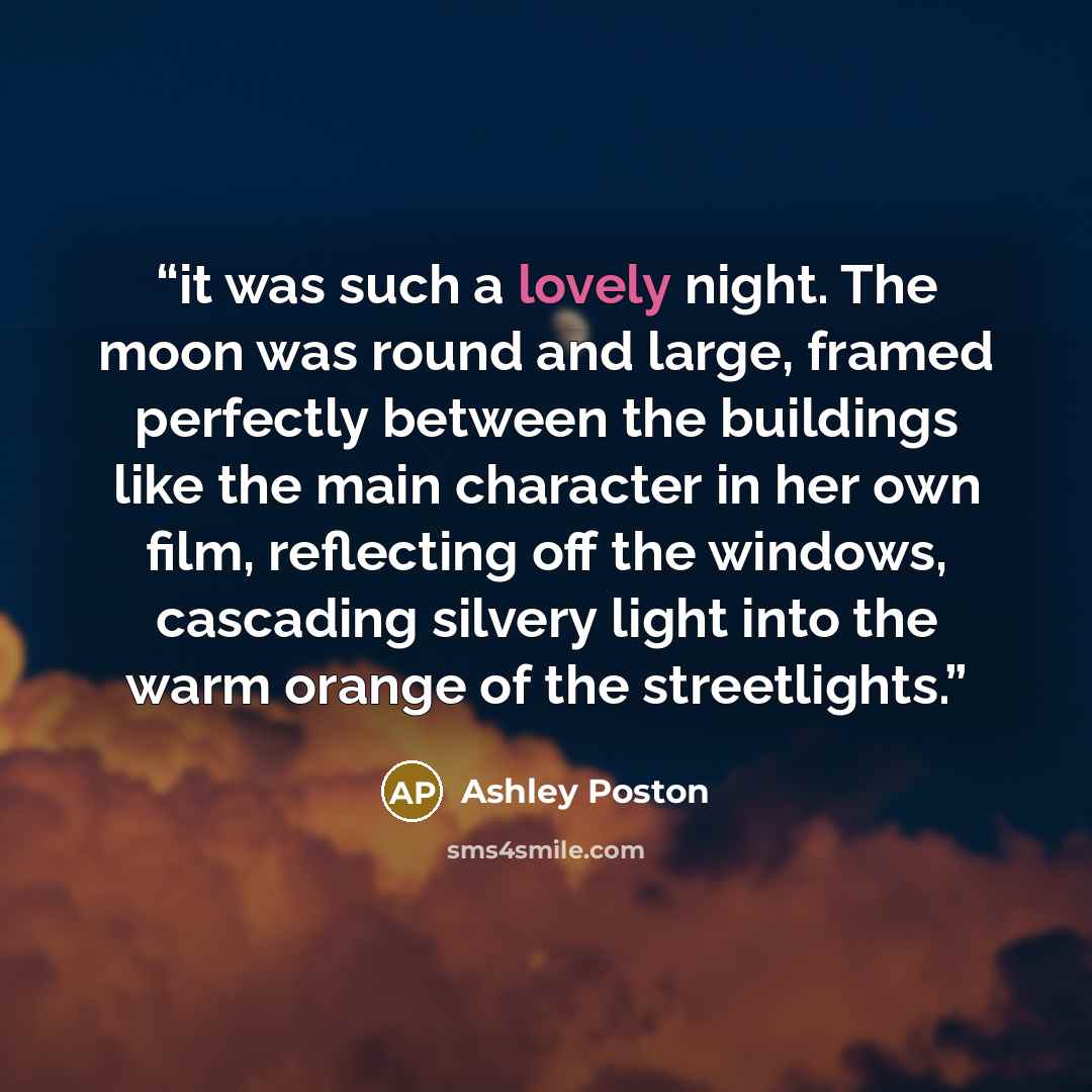 “it was such a lovely night. The moon was round and large, framed perfectly between the buildings like the main character in her own film, reflecting off the windows, cascading silvery light into the warm orange of the streetlights.” quote by Ashley Poston