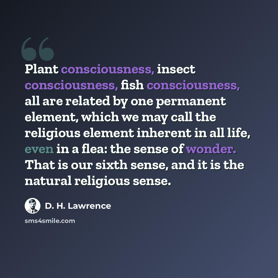 “Plant consciousness, insect consciousness, fish consciousness, all are related by one permanent element, which we may call the religious element inherent in all life, even in a flea: the sense of wonder. That is our sixth sense, and it is the natural religious sense.” quote by D. H. Lawrence