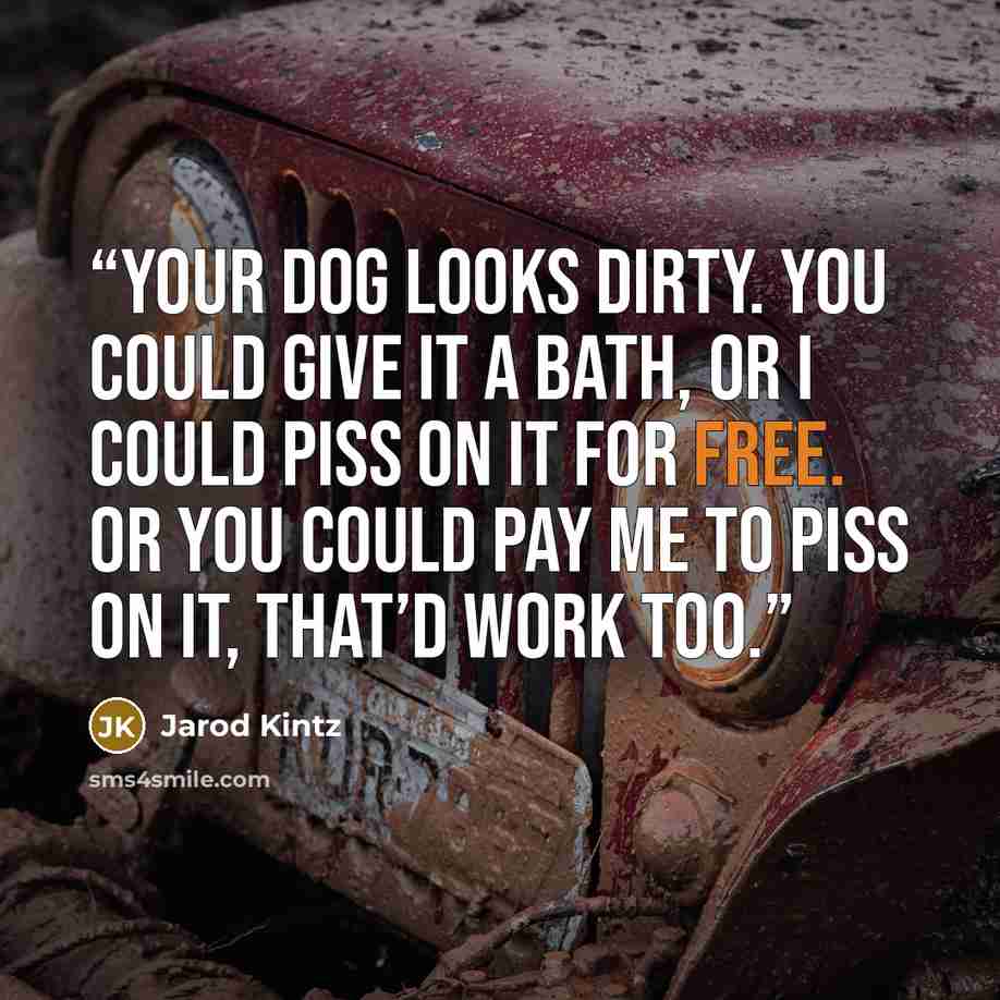 “Your dog looks dirty. You could give it a bath, or I could piss on it for free. Or you could pay me to piss on it, that’d work too.” quote by Jarod Kintz