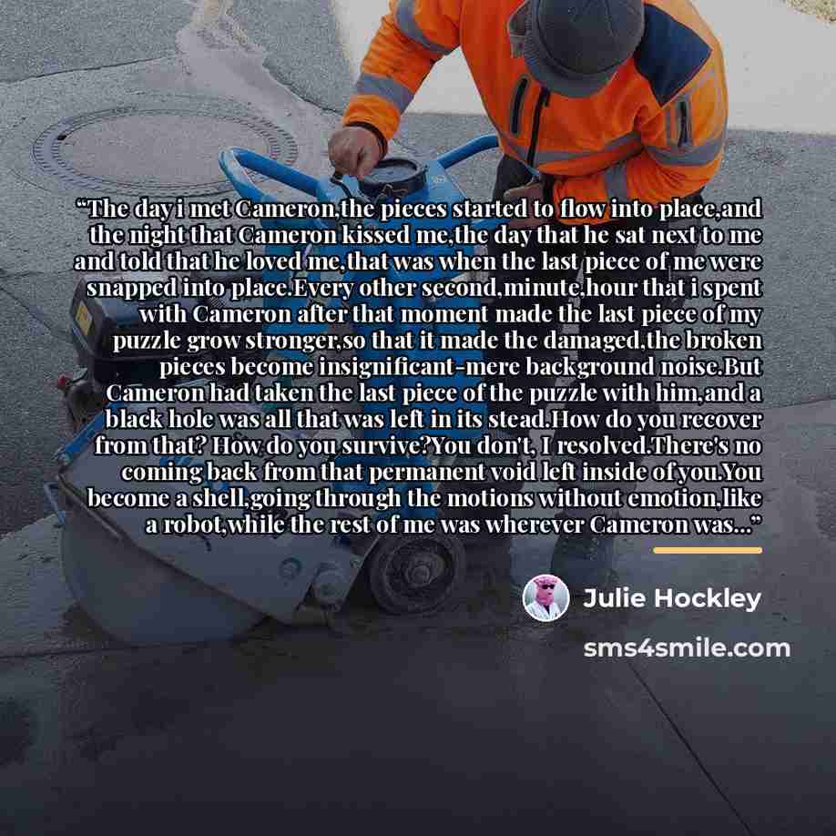 “The day i met Cameron,the pieces started to flow into place,and the night that Cameron kissed me,the day that he sat next to me and told that he loved me,that was when the last piece of me were snapped into place.Every other second,minute,hour that i spent with Cameron after that moment made the…” quote by Julie Hockley