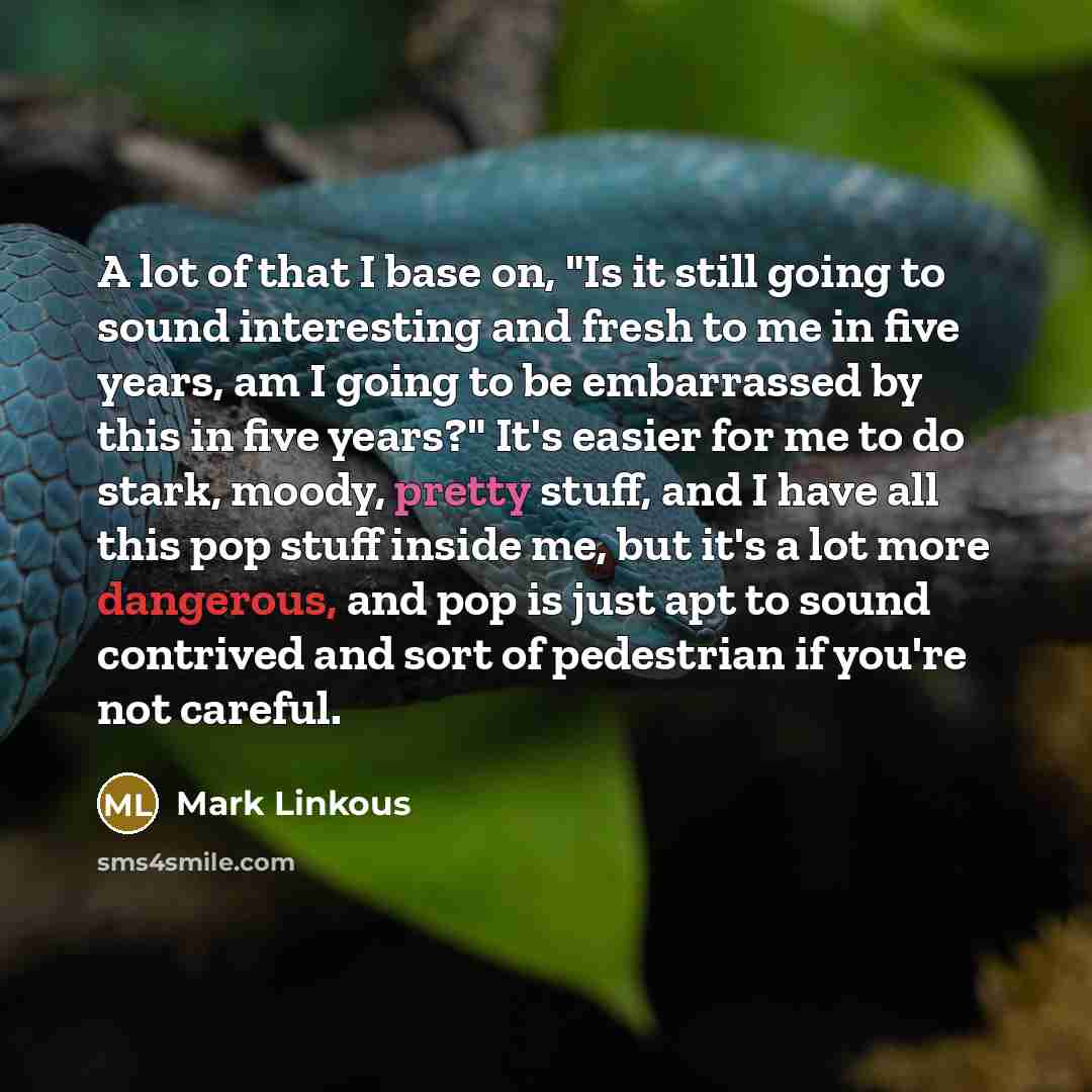 “A lot of that I base on, "Is it still going to sound interesting and fresh to me in five years, am I going to be embarrassed by this in five years?" It's easier for me to do stark, moody, pretty stuff, and I have all this pop stuff inside me, but it's a lot more dangerous, and pop is just apt to…” quote by Mark Linkous