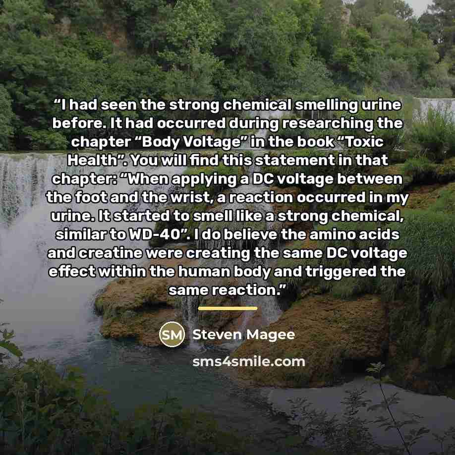 “I had seen the strong chemical smelling urine before. It had occurred during researching the chapter “Body Voltage” in the book “Toxic Health”. You will find this statement in that chapter: “When applying a DC voltage between the foot and the wrist, a reaction occurred in my urine. It started to…” quote by Steven Magee